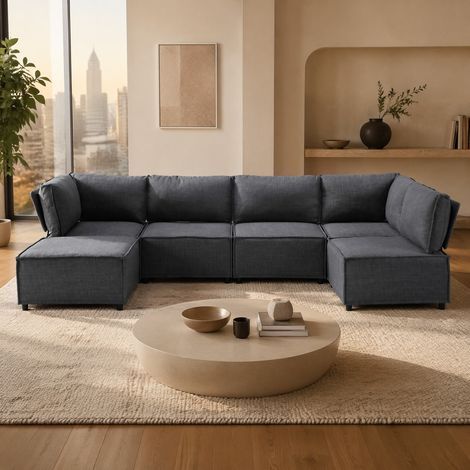 Canapé d’angle modulable 308x152x77 cm tissu lin gris foncé, convertible pour salon – MEUBLIV (1/5)