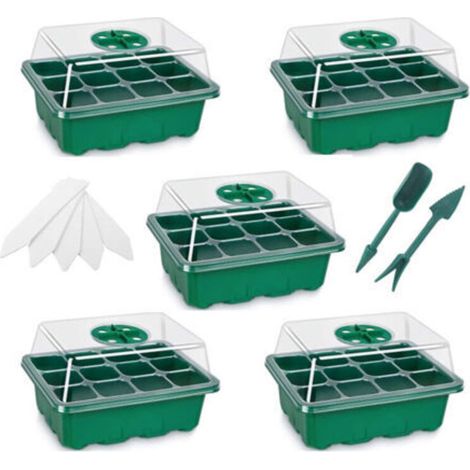 5 Pack Green Seedling Trays, Mini Seed Starter Greenhouse for Seedlings, 12 Cells with Planting Tools and Plant Labels (1/5)