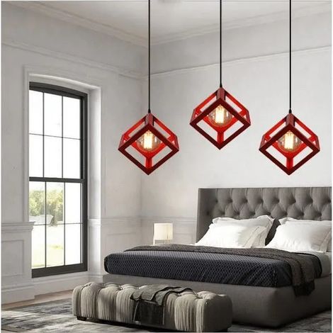 Vintage Lustre Suspension Industrielle en Fer Forge Rouge Lampe Suspension en Forme Carré pour Salon Chambre Cafe Bar (1/4)
