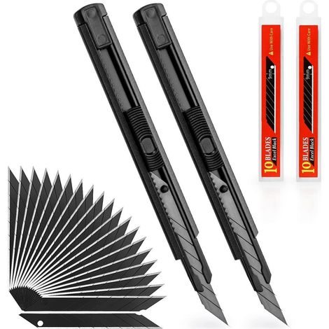 2x Cuttermesser 9mm mit 20 Abbrechklingen, Metall, automatische Verriegelung