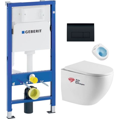 Pack bati-support Geberit + WC sans bride Swiss Aqua Technologies + Abattant SoftClose + Plaque noir mat (FusionTQGeb10)