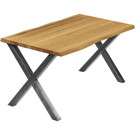 LAMO Manufaktur Esstisch Küchentisch, mit Baumkante 140x80x76 cm (AxBxH), Design, Rustikal / Rohstahl mit Klarlack, LAB-01-A-003-0000D