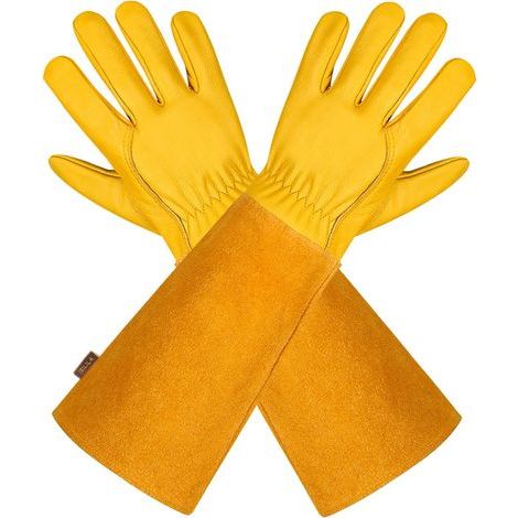 Gants de Jardinage en Cuir Respirant pour Homme et Femme avec Gant Anti-épine, Manches Longues en Cuir de Vache pour Jardinier et Fermier, Jaune (1/5)
