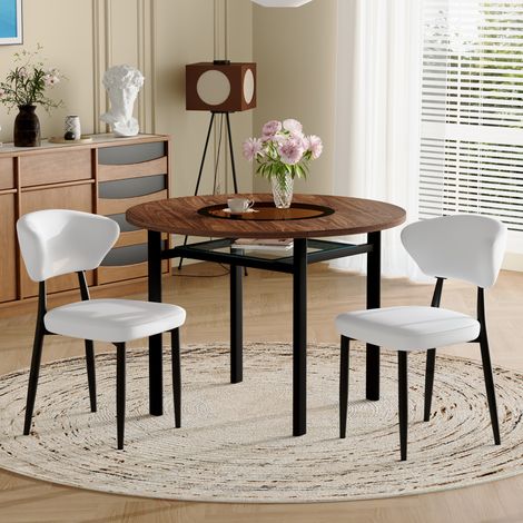 Conjunto de mesa redonda de 100 cm con 2 sillas de PU blancas, tablero de MDF con inserto de cristal marrón grisáceo, metal, marrón/negro (1/5)