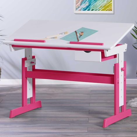 Bureau réglable en hauteur - Bureau pour enfants, élèves - Pupitre inclinable - Support pour livres - Bois massif laqué blanc - Applications en rose - Rose / Blanc