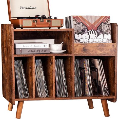 Table de tourne-disque du milieu du siècle avec rangement en vinyle pour jusqu'à 350 albums, armoire pour disques vinyles avec étagères réglables, marron (1/5)