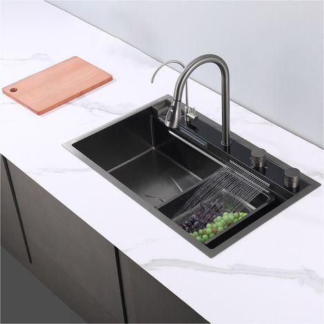 Evier Multifonction Evier Cuisine 1 Bac avec 3 Robinets à Tirette Tonctionnels, Cascade Lavabo Cuisine 80 50 CM Evier Inox avec Lave-gobelet, Evier Cuisine 1 Bac avec Egouttoir