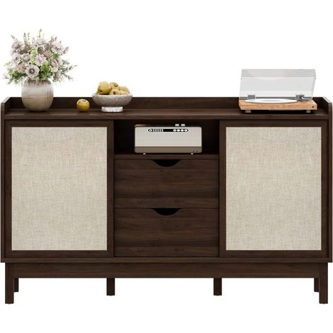 Buffet en bois naturel 150 cm, portes coulissantes, 2 tiroirs, rangement salon