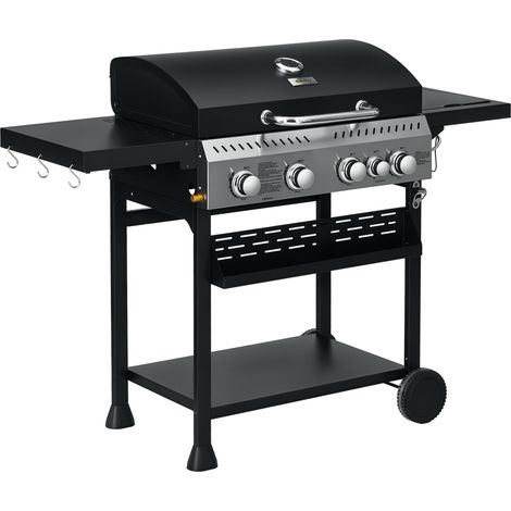 Barbecue a gas 4+1, 12,5 kW, alimentato a propano, con ruote, piastra riscaldante, ripiani, termometro e apribottiglie.