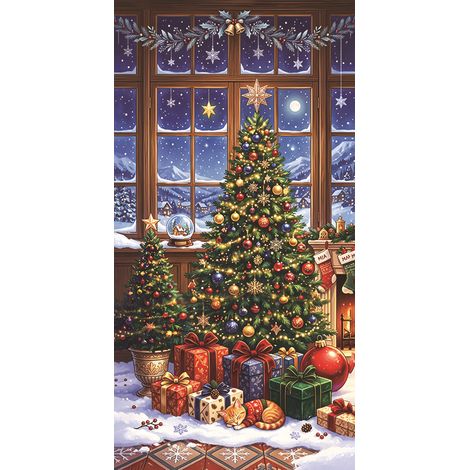 Nouvelle décoration de porte pour Noël, motif cadeau du Père Noël, ambiance festive - 90 x 180 cm (perforée + ruban) - 13