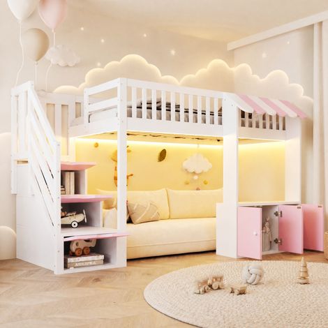 Letto a soppalco 253x108.9x139 cm, scala con vani contenitore, luce multicolore, legno massello, rosa bianco (1/5)