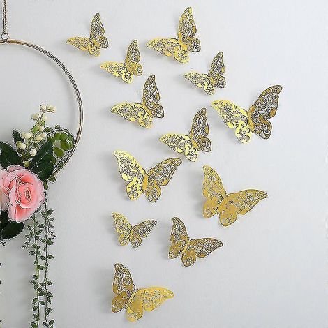 Décoration murale papillon 3D, stickers muraux papillon amovibles (24 pièces, dorés) (1/5)