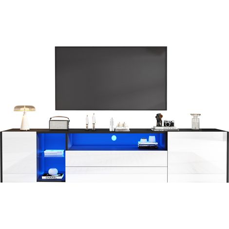 Meuble TV LED 180 x 40 x 45 cm, noir et blanc, 2 tiroirs et 2 rangements, façade brillante, pour TV 75 pouces, charge 40 kg, CHICFURN (1/5)