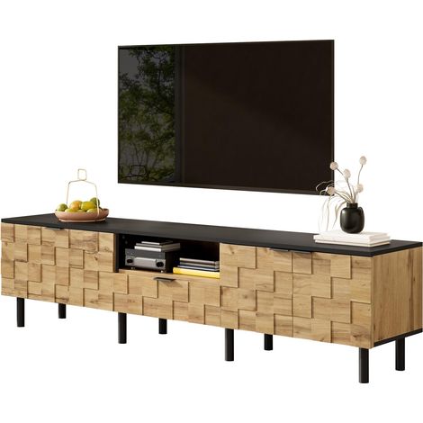 Meuble TV mosaïque, meuble TV bas, 2 portes avec tiroir, meuble multimédia pour salon, aspect bois, panneaux de particules, pieds en métal, compartiment ouvert