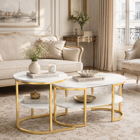 Lot de 2 tables basses gigognes, Table de salon et bout de canapé design scandinave chic, Double plateau effet marbre et métal 80x46x41cm, Doré (1/5)
