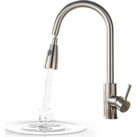 Robinet de cuisine extractible avec 2 modes de pulvérisation, robinet lavabo haut arc, mitigeur à tirette, valve céramique, fini nickel brossé, pivot 360° (1/5)