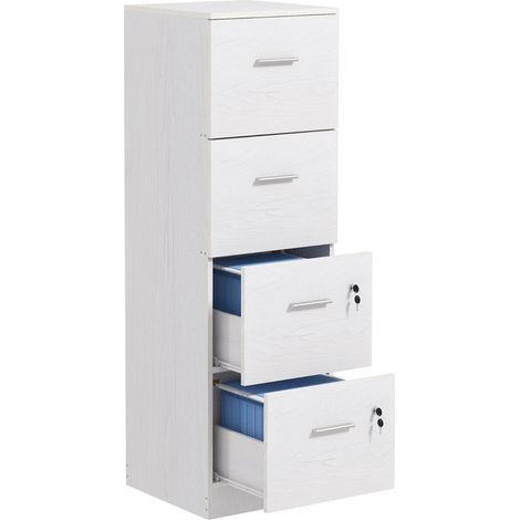 Armadio per Ufficio a 4 Cassetti con 2 Serrature e Barra Portadocumenti, in Legno, 40x42x130.8 cm, Bianco