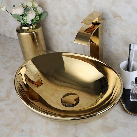 Vasque à Poser Céramique Ovale Or avec Robinet Bonde 41cm (1/5)