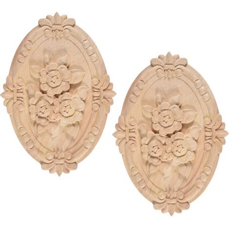 Cornice in legno intagliato in due pezzi con applicazioni, decorazione per mobili intarsiata, motivo ovale non dipinto, 21x15 cm