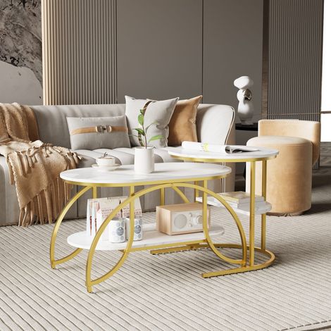 Set di 2 tavolini Gigone - 80x46x45 cm - Design moderno e salvaspazio per il salotto - Marmo bianco e gambe dorate (1/5)