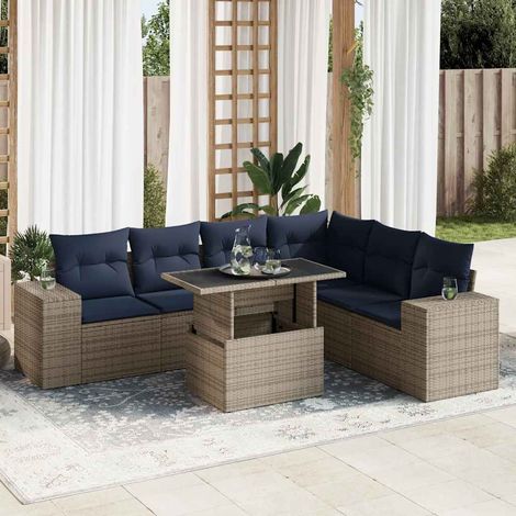 Juego Sofá Jardín 7 Piezas con Cojines Gris Poli Ratán Acacia vidaXL (1/5)