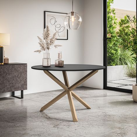 Malvern Round Dining Table Black Table Top w Solid Oak Legs