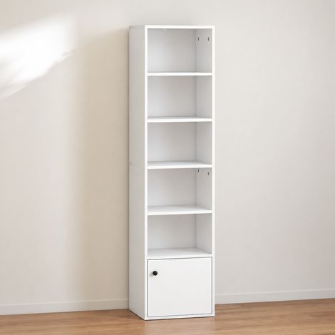 Bibliothèque meuble de rangement 6 niveaux avec 3 étagères réglables et placard, style moderne 40 x 30 x 156 cm blanc