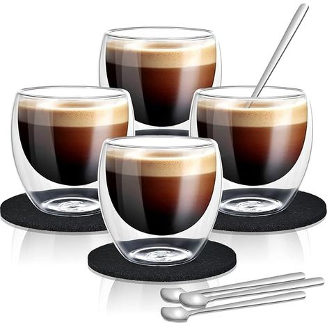 Tasse Expresso 80ML Tasse à Café Double Paroi Soufflé à la Main avec Cuillères et Dessous de Verre en Feutre (1/5)