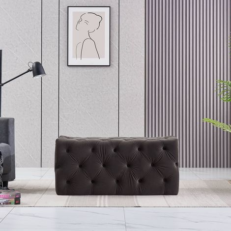 Melia Velours Petit Rectangle Pouf, Banc Ottoman, Repose-Pieds, Design LUX, Bouton Détaillé, Charcol (1/3)