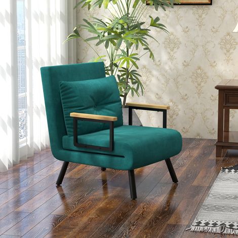 Fauteuil convertible 1 place fauteuil-lit chauffeuse 3 oreiller tissu velours vert en 1 dossier réglable 63x73x81cm finition de qualité