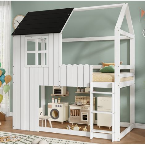 Cama alta infantil 90x200 cm blanca y negra de madera con escalera y espacio inferior (1/4)