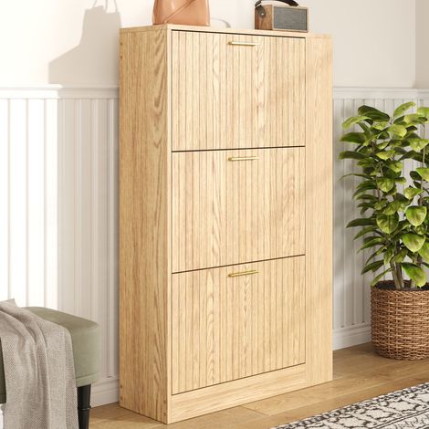 Mueble Zapatero con 3 Puertas y Estantes, Compartimentos Abiertos, Estilo Minimalista, en MDF, 70×23,5×115 cm, Natural (1/5)