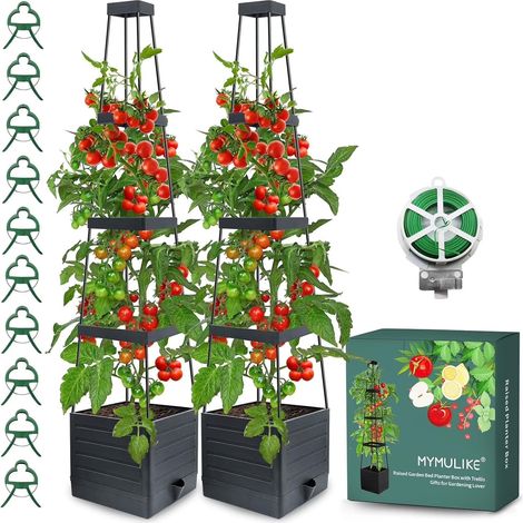 Jardinière surélevée avec treillis, cage à tomates de 147 cm, arrosage automatique, pour légumes grimpants, intérieur/extérieur, lot de 2 (1/5)