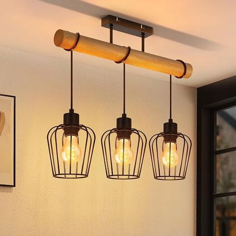 GBLY Deckenleuchte Wohnzimmer Vintage Deckenlampe Holz Schwarze Wohnzimmerlampe im Industrial Design aus Metall E27 Deckenbeleuchtung für Küche Esszimmer Schlafzimmer ohne Leuchtmittel (1/5)