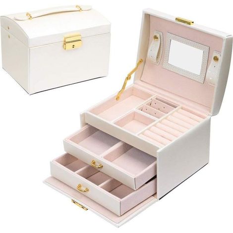 GDHZS- Boîte à bijoux Coffret pour bijoux à montre à maquillage,bijoux et cosmétique beauty Case,Doublure en velours,Affichage étui de rangement avec serrure et clé,Bonne idée Cadeau (Blanc) (1/5)