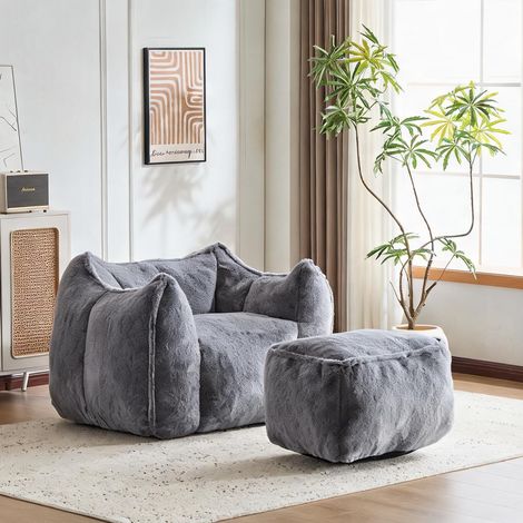 Fauteuil poire en fausse fourrure gris ton sur ton avec ottoman (1/5)