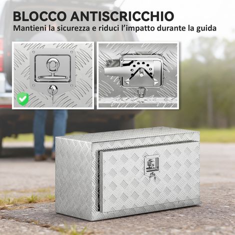 Coffre de rangement en aluminium 96L avec serrure, 2 clés incluses, poignée sur le côté, format 76,2x35,5x40,6 cm, couleur argent (1/5)