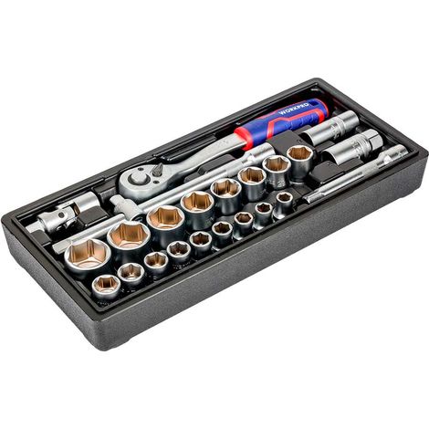 Llave de carraca y vasos ½ pulg, juego 24 piezas, métrico