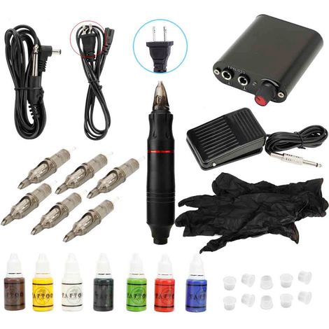 Kit d'outils pour tatouage, machine à tatouer, pinceau pour liner, pinceau pour ombrage, encre, kit d'accessoires pour aiguille de tatouage (noir, version américaine) (1/5)