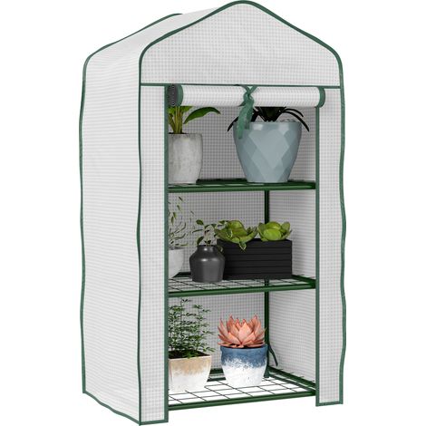 Gartenregal für Gewächshaus, 3 Ebenen, Maße 59 x 39 x 127 cm (L x B x H), pulverbeschichtetes Metall, grün, hochdichtes PE 140 g/m², weiß