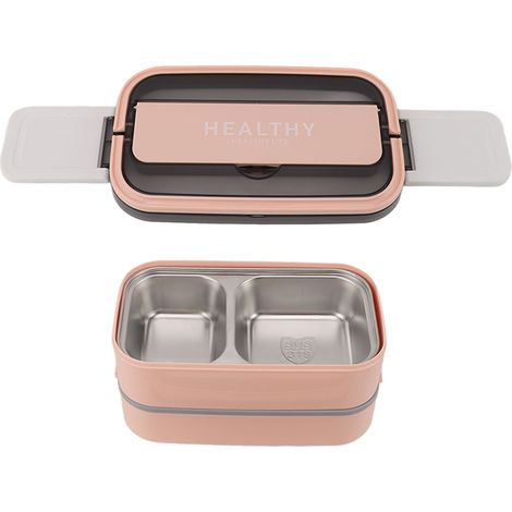 Boîte repas bento double couche compartiment 316 acier inoxydable portable couverts incluse pour travail école bureau 1400ml Rose (1/5)