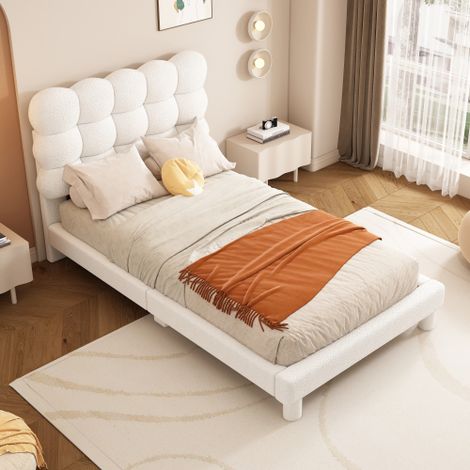Lit adulte capitonné Lit simple 90 x 200 cm avec tête de lit réglable en 3 directions, blanc, sans matelas