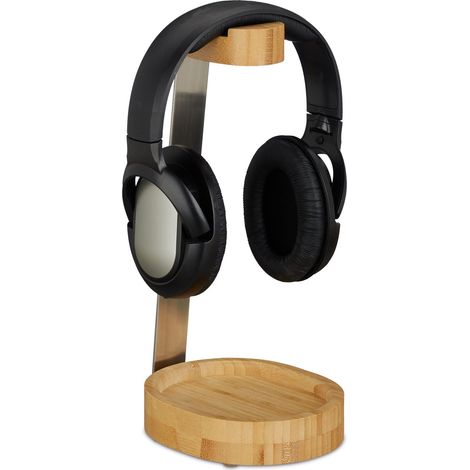 Relaxdays Soporte para auriculares, Bambú, Acero, Elegante, Marrón (1/5)