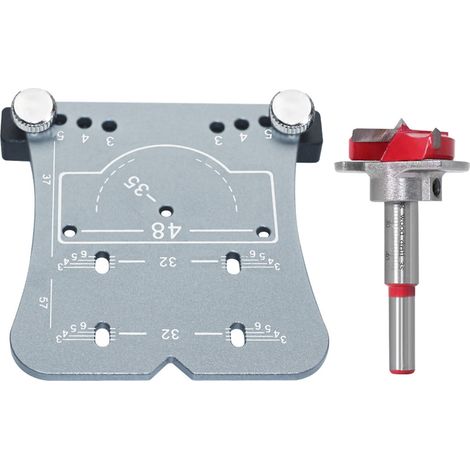 Herramienta para abrir bisagras en trabajos de carpintería, placa de posicionamiento para bisagras de puertas de armarios de 35 mm, plantilla de posicionamiento con broca para carpinteros y aficionado (1/2)