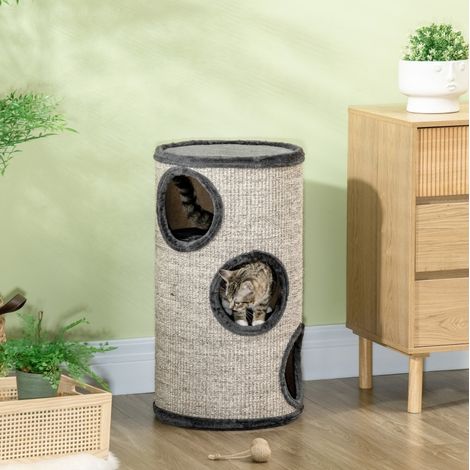Kratzsäule für Katzen 3 Ebenen 38 x 70 cm aus hellgrauem Plüsch mit integrierter Sisalmatte (1/5)