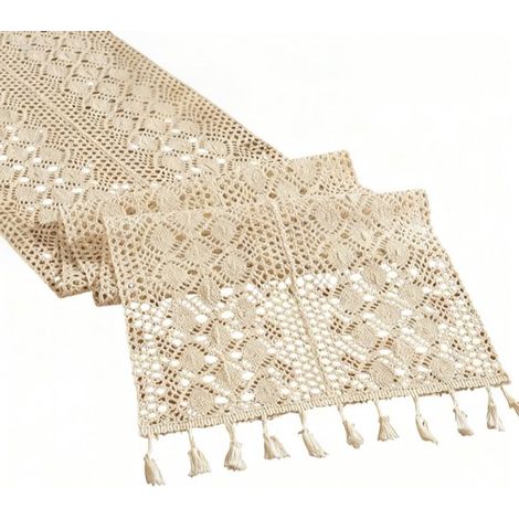 Mantel de lino tejido a mano a crochet - 30 x 140 cm - Blanco (1/5)