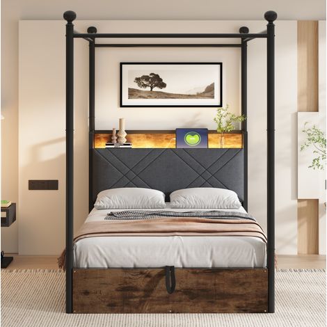 Letto a baldacchino multifunzione 90x190 cm in metallo nero con testiera imbottita, LED, USB e spazio contenitore (1/5)