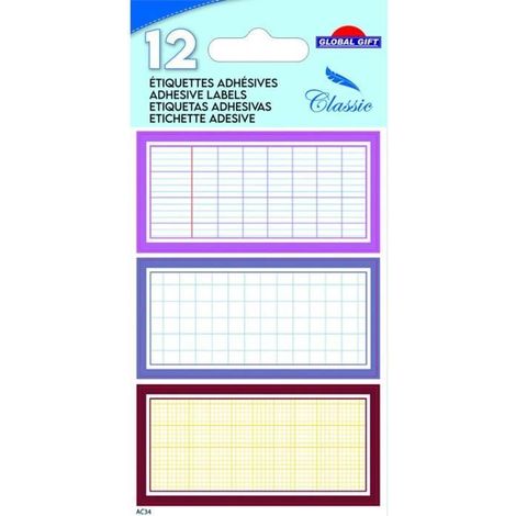 Étiquettes adhésives scolaires - Global Gift - Quadrillé rose - 12 étiquettes - Multi-usages - Personnalisables