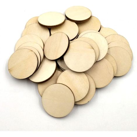 100 rondelles de bois naturel, rondes de 20 mm, brutes, à peindre, décorer une porte, un mariage, un album photo ou une plaque. (1/5)