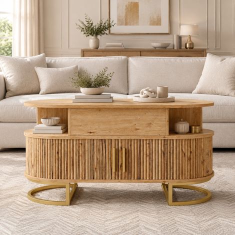 Table basse ovale en MDF avec plateau relevable réglable, rangements dissimulés, portes coulissantes rainurées et étagère ouverte, structure en tube d’acier doré – CHICFURN (1/5)